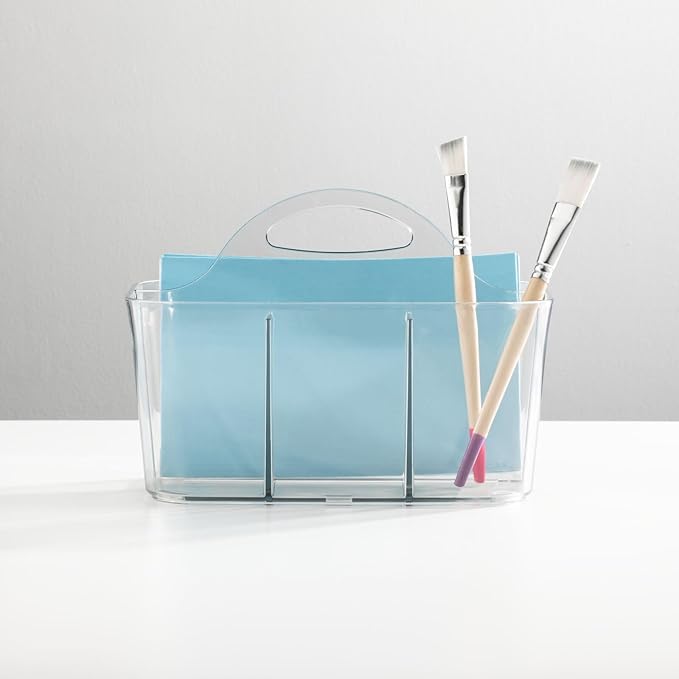 mDesign Plastic Portable Craft Storage Organizer Caddy Tote, Divided Basket Bin w/Handle - Craft, Sewing, Art Supplies - Holds Brushes, Colored Pencils - Lumiere Collection - Clear