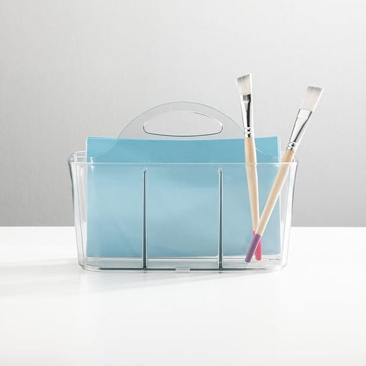mDesign Plastic Portable Craft Storage Organizer Caddy Tote, Divided Basket Bin w/Handle - Craft, Sewing, Art Supplies - Holds Brushes, Colored Pencils - Lumiere Collection - Clear
