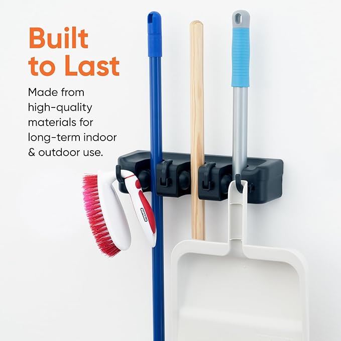 Superio Mop and Broom Holder Wall Mount Storage Organizer for Kitchen, Garage, Garden, 3 Slots (2 Pack, Black)