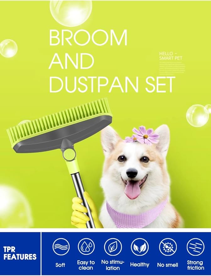 Adjustable Rubber Push Broom and Dustpan Set,Self Cleaning Indoor Outdoor Angle Brooms with Dust pan for Home,Long Handle for Floor Sweeping, Kids,Carpet Dog Cat Pets Offices Use