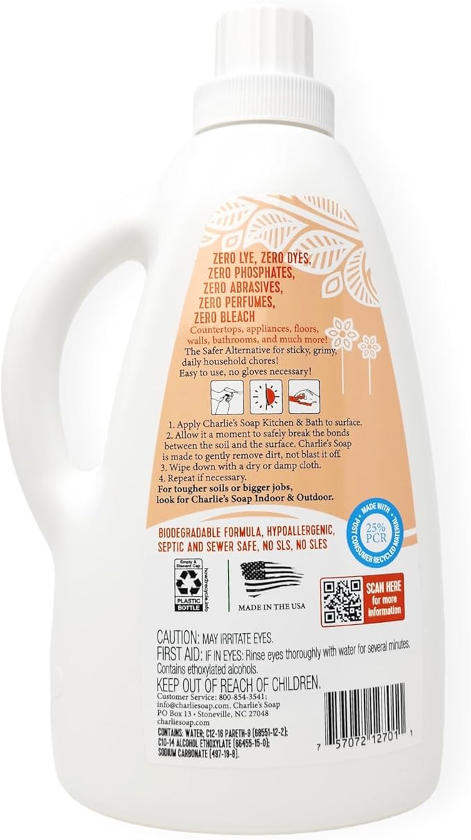 Charlie's Soap Kitchen & Bath Surface Cleaner Refill Kit (107 fl oz) Eco-Friendly Spray & Wipe Multi-Purpose cleaner Safe for Sensitive Skin (2 Pack - One 32oz Sprayer and One 75oz Refill)