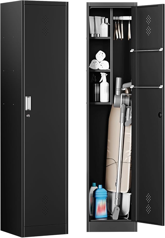 STANI 71" H Broom Closet Storage Cabinet Metal Cleaning Tool Cabinet Utility Closet Cleaning Supplies with Locking Door Broom Rack Shelf for Broom mops Garage Storage Black