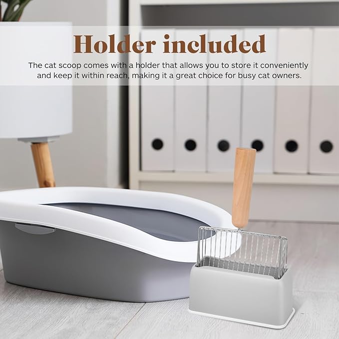 GANAZONO Metal Cat Litter Scoop Set with Holder Small Holes Sifter for Efficient Litter Cleaning Compact 6.9X5.5 Inch Durable Cat Scooper for Indoor Use