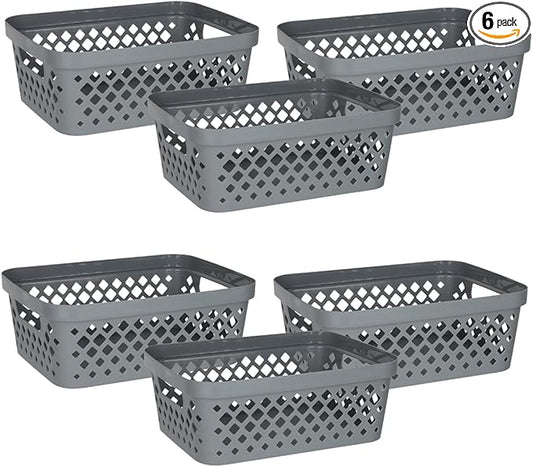 Glad Plastic Storage Basket Set, Value Pack of 6 | Open Storage Bins for Shelves, Bathroom, Pantry, Closet | Nesting Organizer Boxes with Handles, 2 Gallon, Grey