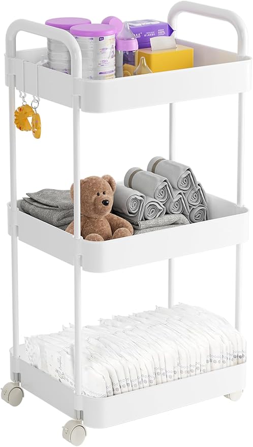 Diaper Caddy Organizer, 3-Tier Movable Diaper Cart with Wheels, Newborn Essentials Must Haves, Diaper Caddy for Wipes & Diapers, Baby Registry Search - Plastic White