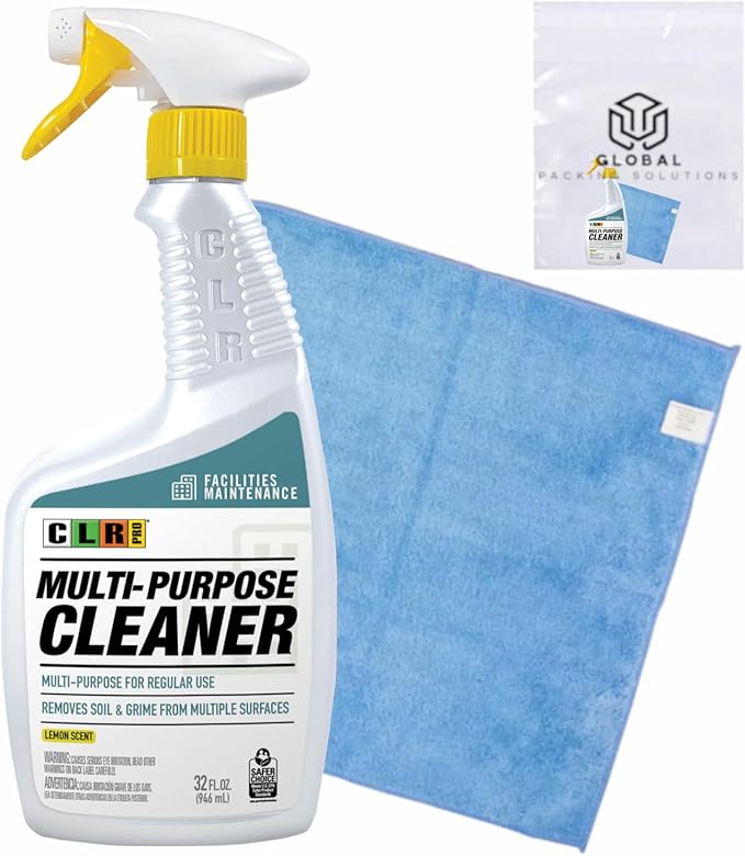 CLR PRO Multi-Purpose Cleaner, Lemon Scent, 32 Fl Oz bundled with Microfiber Cloth