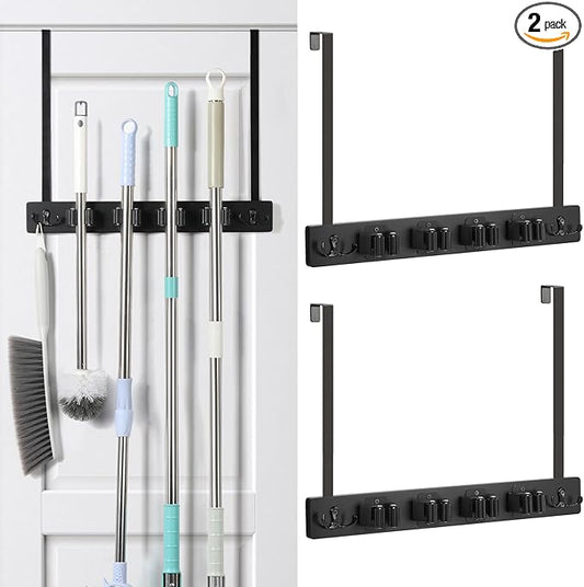 2 Pack Broom Holder Door Mount Black Broom Closet with 2 Over Door Hooks Over the Door Broom and Mop Holder Broom and Mop Organizer Wall Hanging with 4 Racks and 4 Hooks for Laundry Garage Closet Home