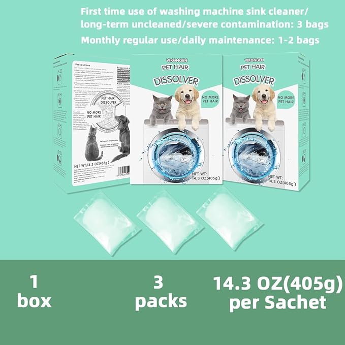 Pet Hair Remover for Laundry, Pet Hair Dissolver for Washing Machine, Deep Cleaning Washing Machine Cleaner, 14.3 Oz, 405g, HE/Top/Front-Load Compatible, 3 Sachets