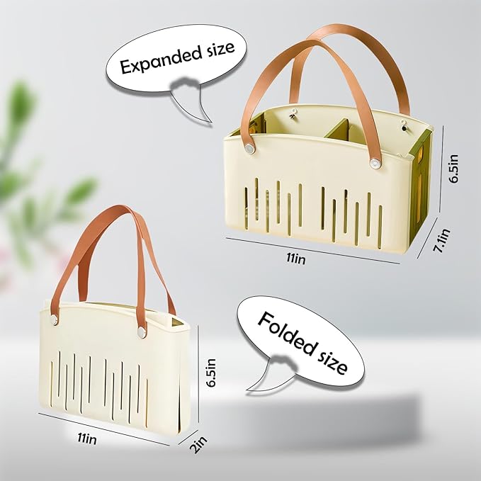Portable Shower Caddy Basket Plastic Collapsible Cleaning Organizer Storage Tote with Handle Removable Divider for College, Dorm Room, Camp, Gym, Dorm, Bathroom (White)