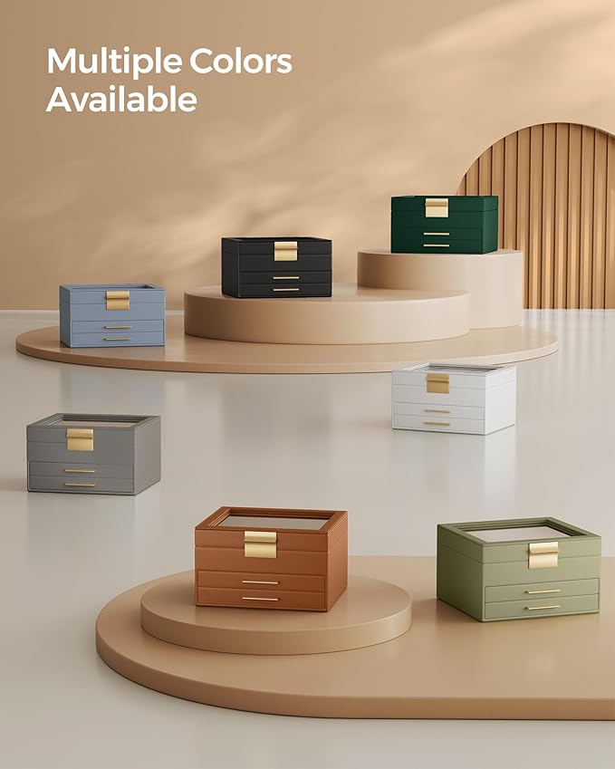 SONGMICS GISELLA Collection - Jewelry Box Organizer, 3-Layer Jewelry Storage with 2 Drawers, Shiny Metal Hardware, Glass Lid, Modern, 8 x 9.1 x 5.3 Inches, Ink Black and Silver UJBC239BK