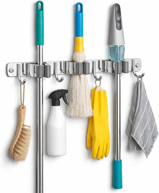 Mop and Broom Holder Wall Mount, 3 Racks with 4 Hooks, Stainless Steel Broom Organizer, Self Adhesive or Screw Mounted, Heavy Duty Storage for Home Kitchen Laundry Garage (silver)