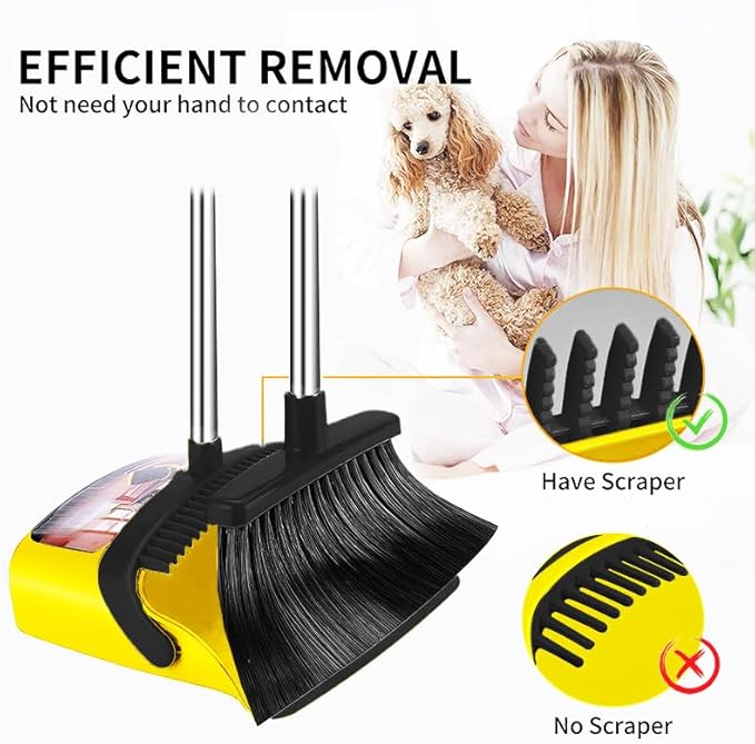 Upgraded Broom and Dustpan， with 52" Long Handle, Dustpan Teeth with self-Cleaning Function, Indoor and Outdoor Sweeping, Perfect for Home Office