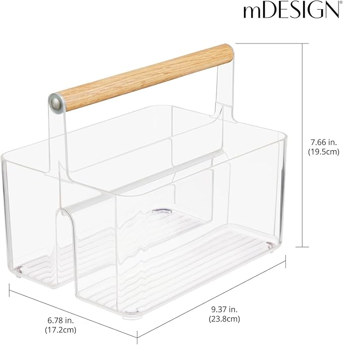 mDesign Plastic Portable Shower Caddy Divided Basket Bin Storage Organizer with Bamboo Handle for Bathroom, Dorm, Shelf & Cabinet Holds Shampoo, Conditioner - Aura Collection, Clear/Natural