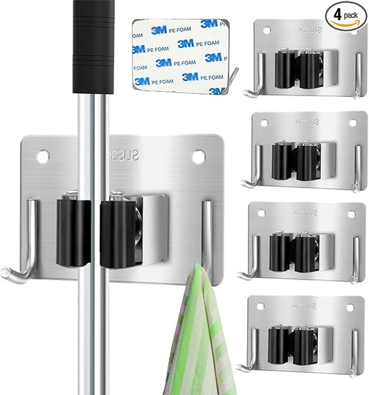 Mop and Broom Holder Wall Mount Stainless Steel 304 Tool Garage Organization Rack Scew and Self Adhesive Broom Hanger Heavy Duty 4pcs