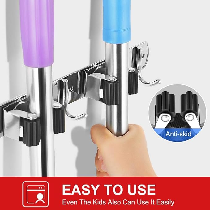 IMILLET Broom Holder Wall Mounted, Stainless Steel Broom and Mop Holder Self Adhesive Broom Organizer Heavy Duty Hooks Storage Organizer for Home Laundry Room Garden Garage Closet Kitchen (1 Pack)