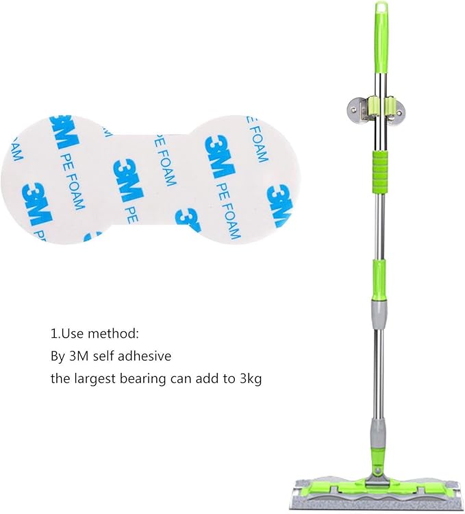 Stainless Steel Mop and Broom Holder, Dual-Purpose Wall Mounted Mop Broom Organizer with 2 Pcs 3M Self Adhesive and Double Screws,Bathroom Kitchen Organizer Rack with Spring Clip Design