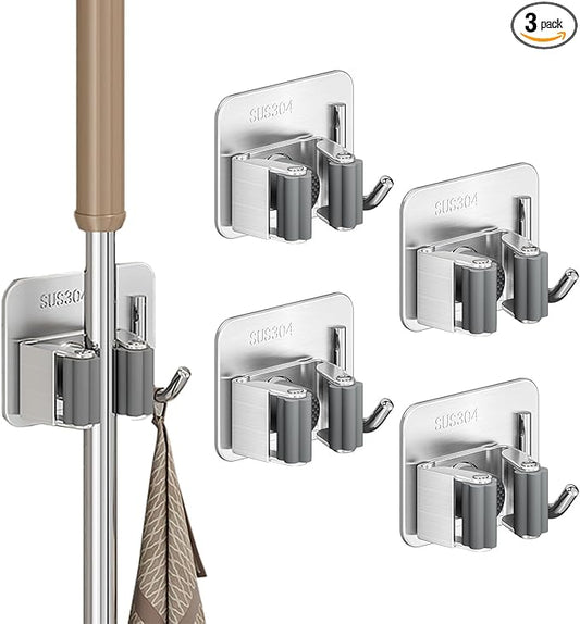 Mop Broom Holder Wall Mounted: No-Drill Self-Adhesive Mop and Broom Organizer, Heavy-Duty Space-Saving Anti-Slip Design for Kitchen, Garage, and Bathroom (4 Pack, White)