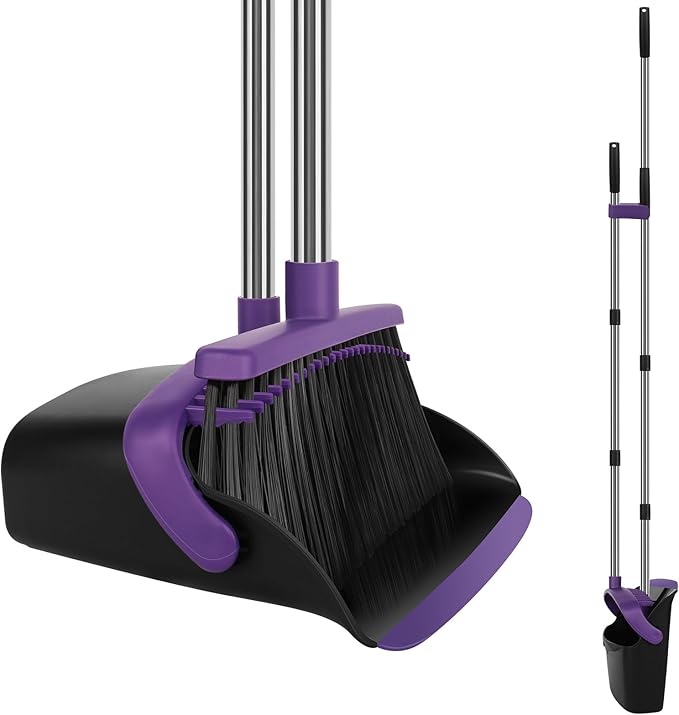 Large Broom and Dustpan Set, Purple Broom with Dustpan Combo Set, 55" Long Handle Broom, Self Cleaning Dustpan, Ideal for Home and Dog Cat Pets