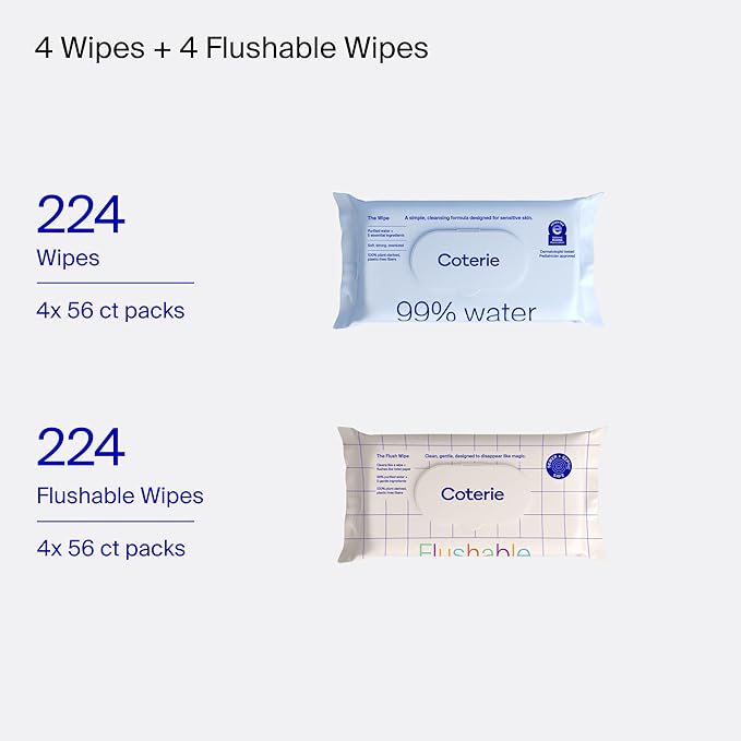 Coterie Baby Wipes & Flushable Toddler Wipes Set | 4 Packs Baby Wipes (224ct) + 4 Packs Flushable Toddler Wipes (224ct) | Hypoallergenic, Safe for Sensitive Skin, 99% Water, Plant-Based, Eczema Safe