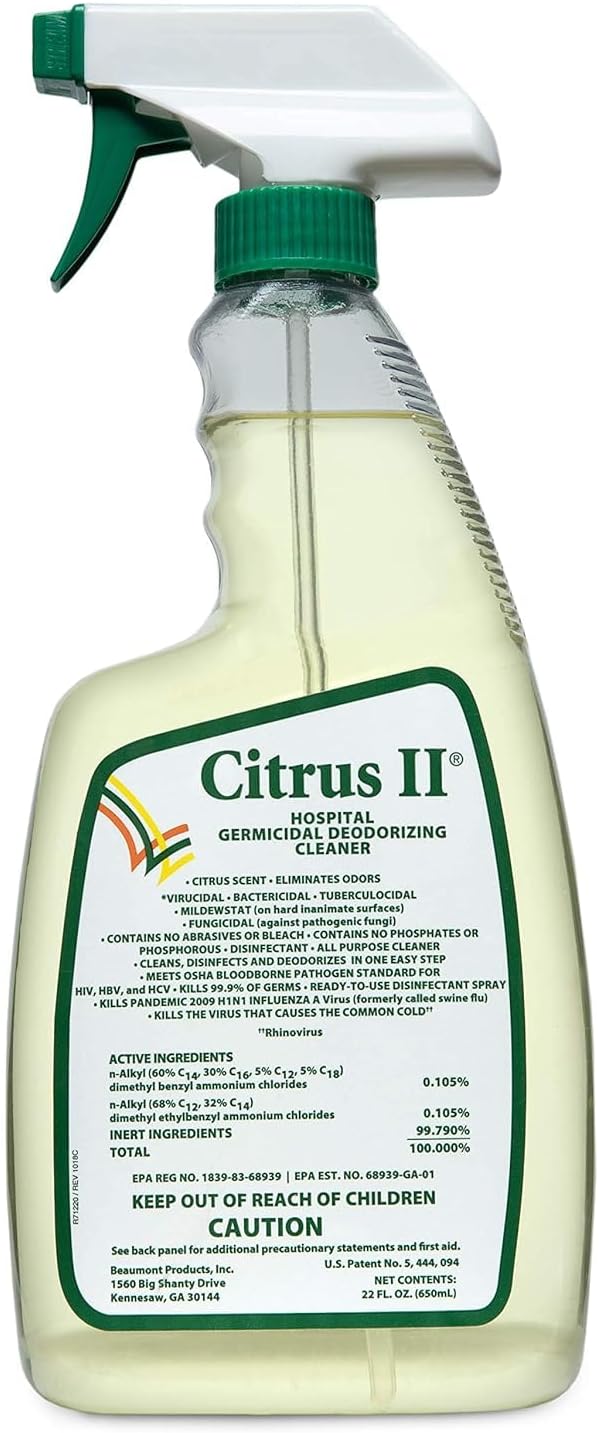 Citrus II Hospital Germicidal Deodorizing Cleaner - Fresh Citrus Scent - Disinfecting Spray - for Home, Hospital and Office Surfaces and Supplies - 22 Fl Oz