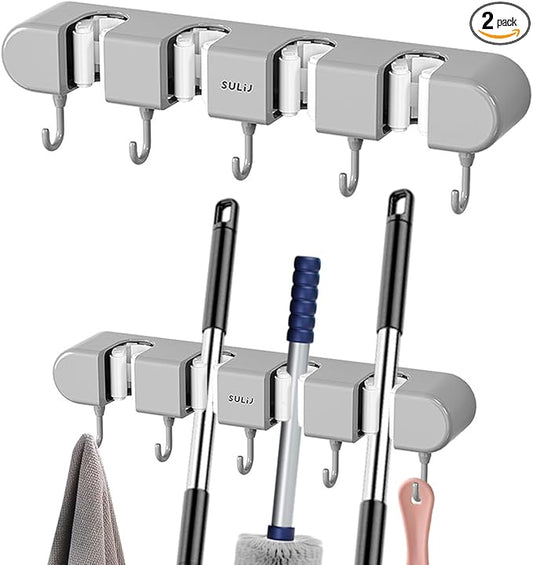 2Pcs Broom Holder Wall Mount, No-Drilling Self-Adhesive Mop and Broom Storage Rack (4 Racks with 5 Hooks),Wall-Mounted Broom Hanger for Bathroom, Kitchen, Closet, Garage, Grey