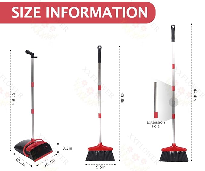 Broom and Dustpan Set with Long Handle, Light Weight Stainless Steel Poles Stand Upright Dustpans with Broom Combo for Home Kitchen Office Pet Dog Hair, Black & Red Color, 1-Pack