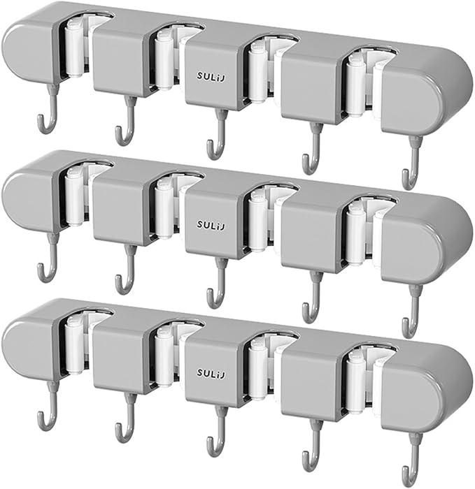 Mop Broom Holder Wall Mounted, 5 Racks and 4 Hooks Punch Free Mop and Broom Holder Wall Mount Broom Rack, Heavy Duty Hooks Self Adhesive Solid Non-slip for Home Kitchen Garden Laundry (3, Grey)