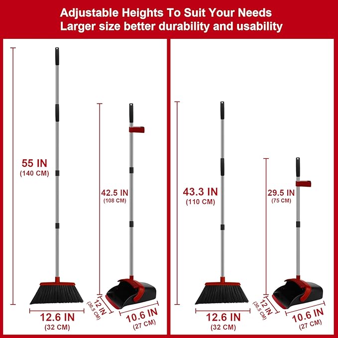 Broom and Dustpan Set, Large Household Broom with Dustpan Combo Set, 55 Inch Long Handle, Red Dust Pan Combo Set for Home