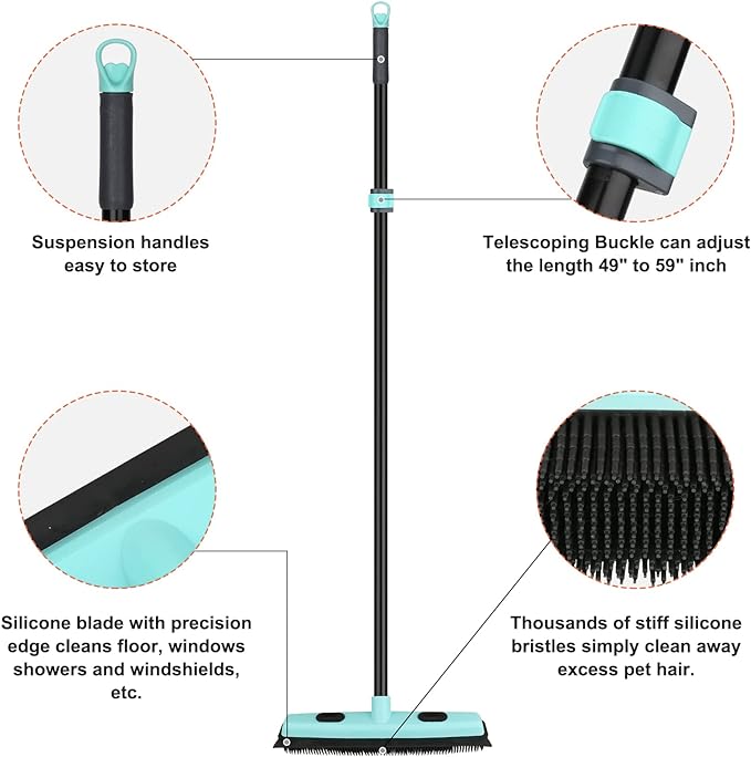 Rubber Broom Carpet Rake for Pet Hair Removal, Fur Remover Broom with 59" Telescoping Long Handle, Pet Hair Broom with Squeegee for Carpet, Hardwood Floor, Tile