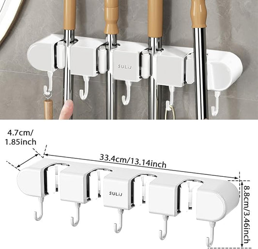 3PCS Broom Holder Wall Mount, No-Drilling Self-Adhesive Mop and Broom Storage Rack (4 Racks with 5 Hooks),Wall-Mounted Broom Hanger for Bathroom, Kitchen, Closet, Garage, White
