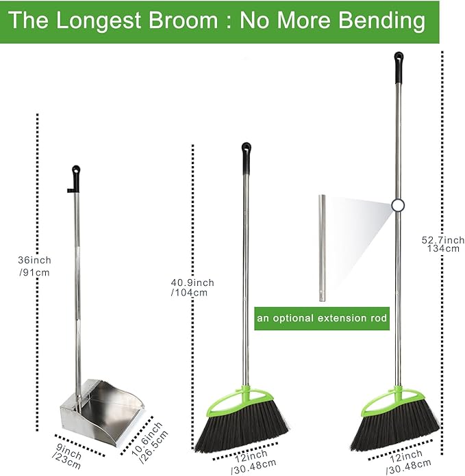 Soft Bristles Broom and Dustpan Set,Metal Dustpan with Indoor Broom, Green Angle Broom with Stand Up Dustpan for Hardwood Kitchen Floor Sweeping