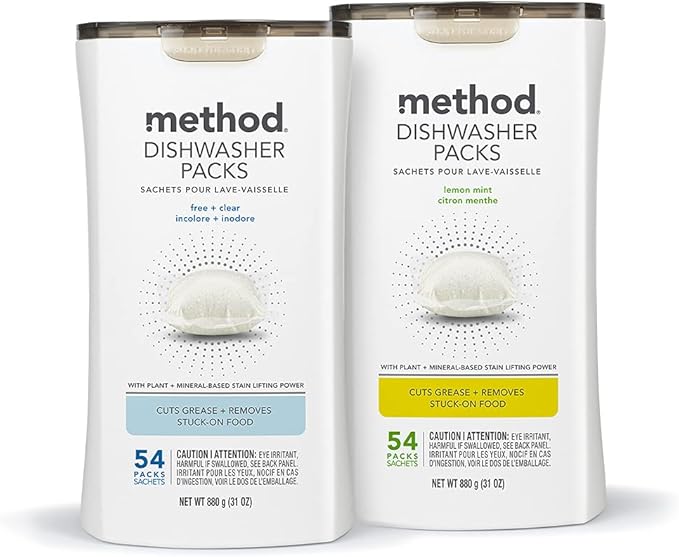 Method Dishwasher Detergent Packs, Fragrance Free + Clear, Dishwashing Rinse Aid to Lift Tough Grease and Stains, 54 Dishwasher Tabs per Package, (Pack of 2)