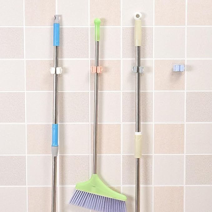 Broom And Mop Holder Clip 4 Pcs Mop Broom Wall Mounted Heavy Duty With Plastic Hooks Hanger No Drilling Mop Gripper For Home Bathroom Kitchen (white)