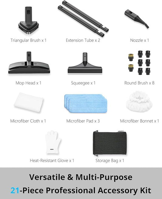 Steam Cleaner: 40s Fast Heating-0.66Gal (2.5L) Large Tank-21 PCS Kit-No Cooling-Refill Anytime-Detachable Hose Steamer Mop for Home Use Car Bed Shower Upholstery Floor Cleaning Black
