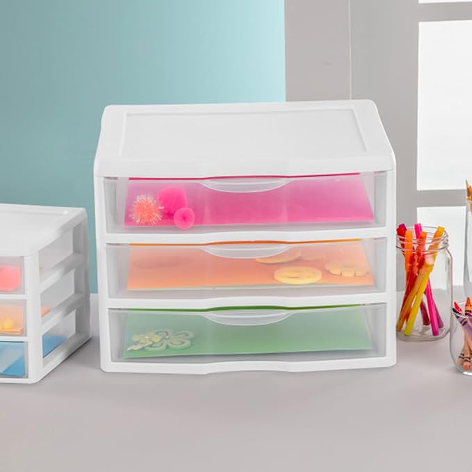 Sterilite 9-Pack Wide 3 Drawer Unit, Plastic Desktop Organizer with Clear Drawers, White Frame - Stackable Multi-Purpose Storage for Office Supplies, Craft Rooms, Classrooms and Home Organization