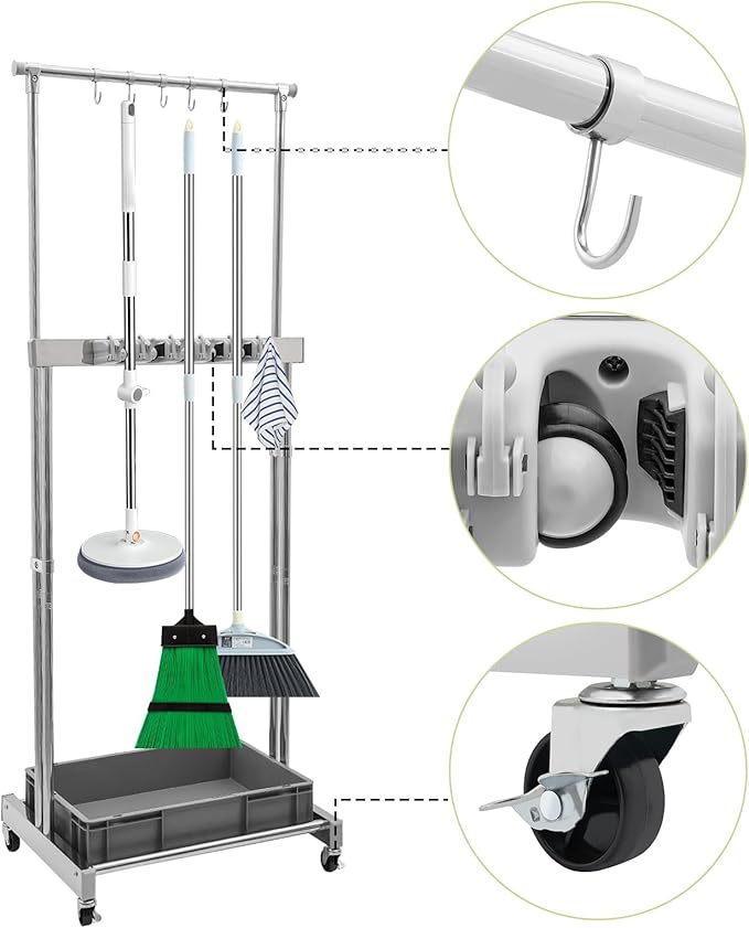 Garden Tool Organizer, 10 Slots with Hooks, Movable Floor-Mounted Mop Rack Floor Standing Cleaning Tool Cart Storage for Garage Organization and Storage, Hold Long-Handled Tool/Rake/Broom (Style 3)