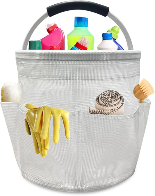 Qivine 17L Cleaning Caddy with Handle, Cleaning Supply Caddy, Foldable Tool Bag Cleaning Products Organizer, Portable Cleaning Bucket Caddy for Cleaning Supplies (Clear)