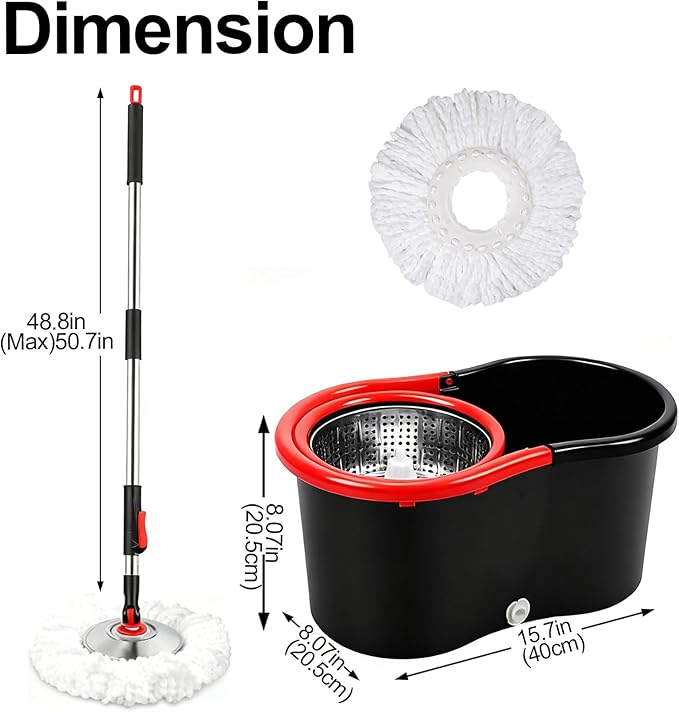 Spin Mop and Bucket with Wringer Set, 360°Rotating Head Mop Bucket System, 3 Replacement Mop Heads for Floor Cleaning (Black & Red) (A mop Head)