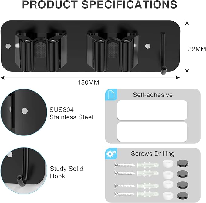 Wall Mount Mop and Broom Holder, Heavy Duty Stainless Steel Organizer Rack with Hooks | 2-Pack, 2-in-1 No Drill & Screw Installation, Black