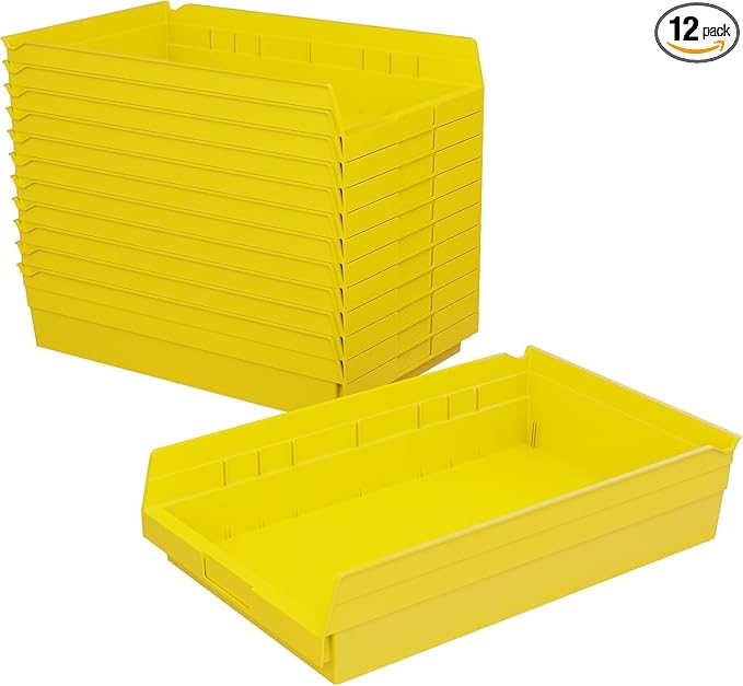 Akro-Mils 30178 Plastic Shelf Bins, Heavy Duty Storage Bins for Garage, Closet, and Drawer Organization, 18-Inch x 11-Inch x 4-Inch, Yellow, 12-Pack