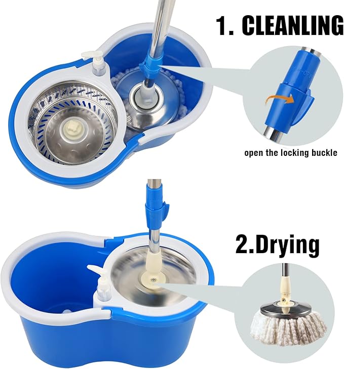 Spin Mop and Bucket with Wringer Set, 360° Spinning Mop Bucket System with 3 Microfiber Mop Replacement Heads and 61" Stainless Steel Adjustable Handle for Floor Cleaning (20QT)