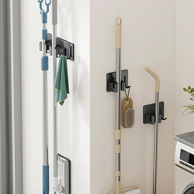 Wall Mounted Mop Holder Stainless Steel Mop and Broom Holder Self Free Brush Holder with Hanger Hook Kitchen Tool Mop Hanger Hook Adjustable Mop Holder Stainless Steel Hooks