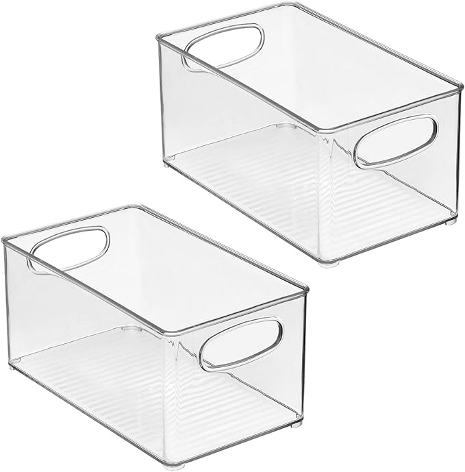 mDesign Plastic Storage Organizer Wide Container Bin with Handles for Bathroom, Home Organization - Holds Vitamins, Supplements, Makeup, Styling Tools - Ligne Collection - 2 Pack - Clear