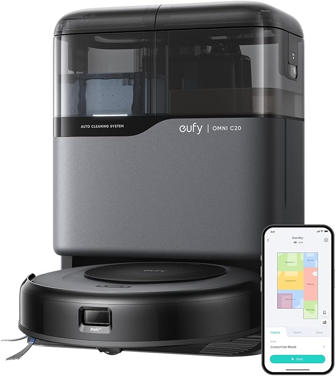 eufy Certified Like-New Omni C20 Robot Vacuum and Mop Combo, Self-Emptying, Auto Mop Washing & Drying for Hands-Free Cleaning, 7000 Pa Suction (Renewed)
