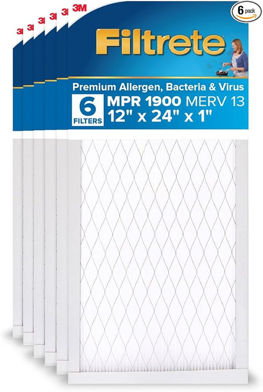 Filtrete 12x24x1 AC Furnace Air Filter, MERV 13, MPR 1900, Premium Allergen, Bacteria & Virus Filter, 3-Month Pleated 1-Inch Electrostatic Air Cleaning Filter, 6-Pack (Actual Size 11.69x23.69x0.78 in)