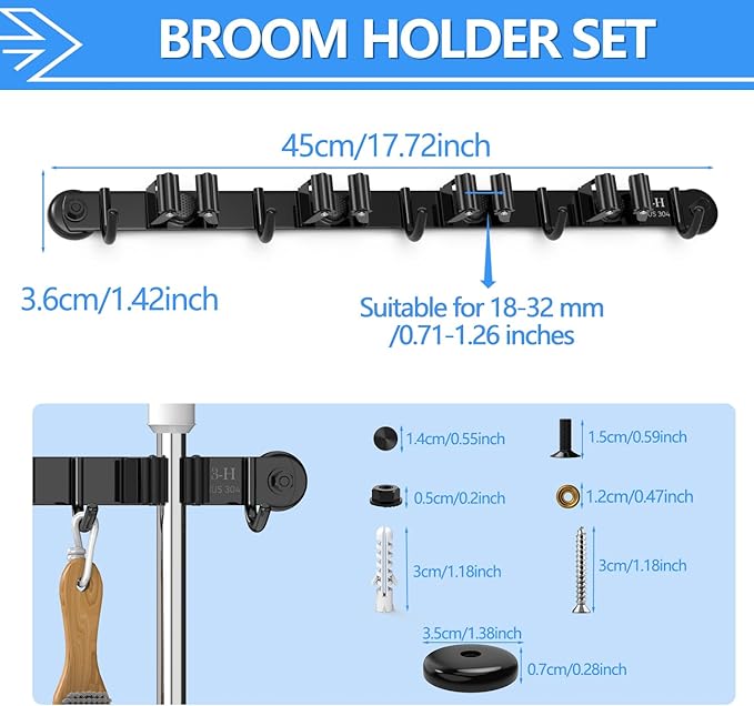 3-H Magnetic Broom Holder Wall Mount 2 Pack, 2-in-1 Dual Mount (No Drill or Screw Fix), 304 Stainless Steel Heavy Duty Magnet Mop Broom Organizer for Kitchen Garden Garage(4 Racks & 5 Hooks,Black)