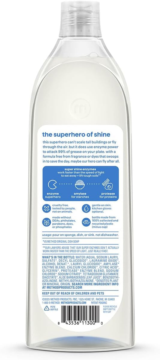 Method Super Shine Liquid Dish Soap, Powered by Enzymes, Free + Clear, Unscented, 16 fl oz