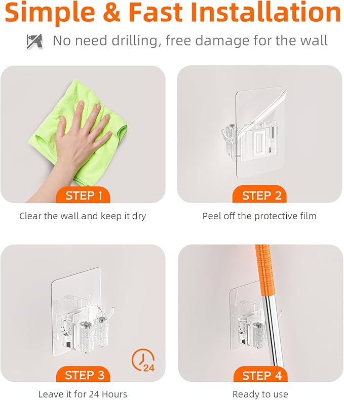 8 PackBroom Holder Wall Mount, New Version Adhesive Mop and Broom Holder Wall Mount, Super Anti-Slip Broom Hanger Mop Organizer Wall Hanging for Bathroom, Kitchen, Laundry Room