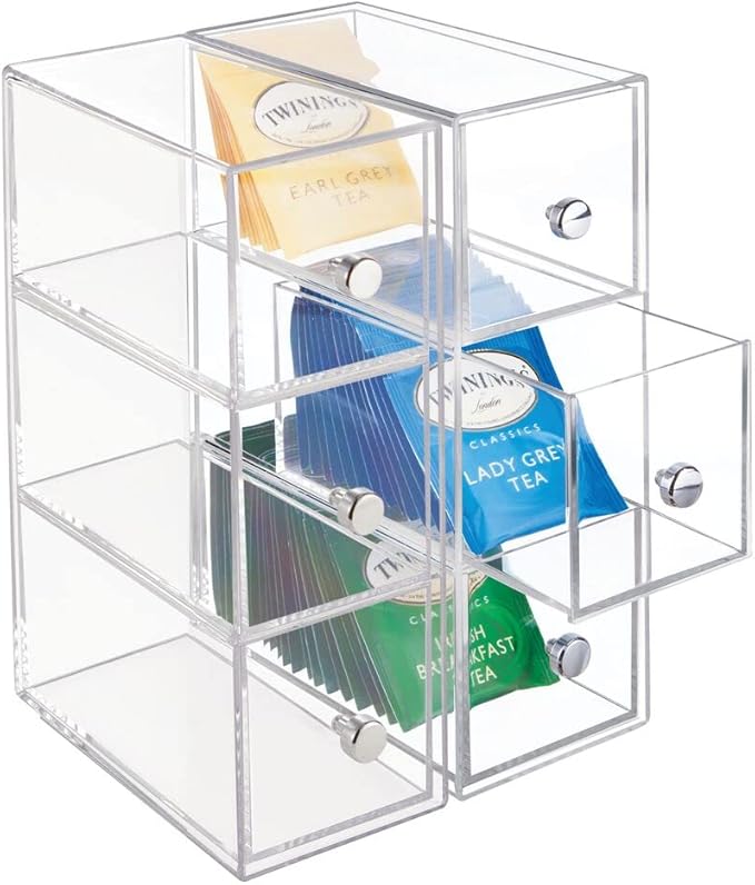 mDesign Plastic Kitchen Pantry Stackable Storage Organizer Container Station with 3 Drawers for Cabinet, Countertop, Holds Coffee, Tea, Sugar Packets, Creamers - Lumiere Collection - 2 Pack - Clear