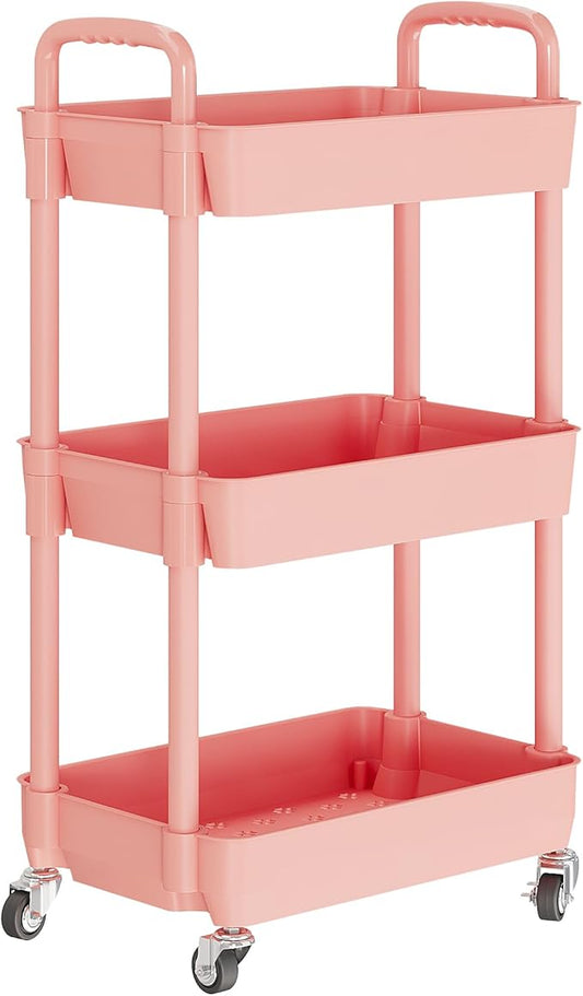 Laiensia 3-Tier Rolling Cart with Wheels,Multifunction Utility Storage Carts, Kitchen Storage Organizer,Mobile Shelving Unit for Bathroom,Laundry,with Classified Stickers,Pink